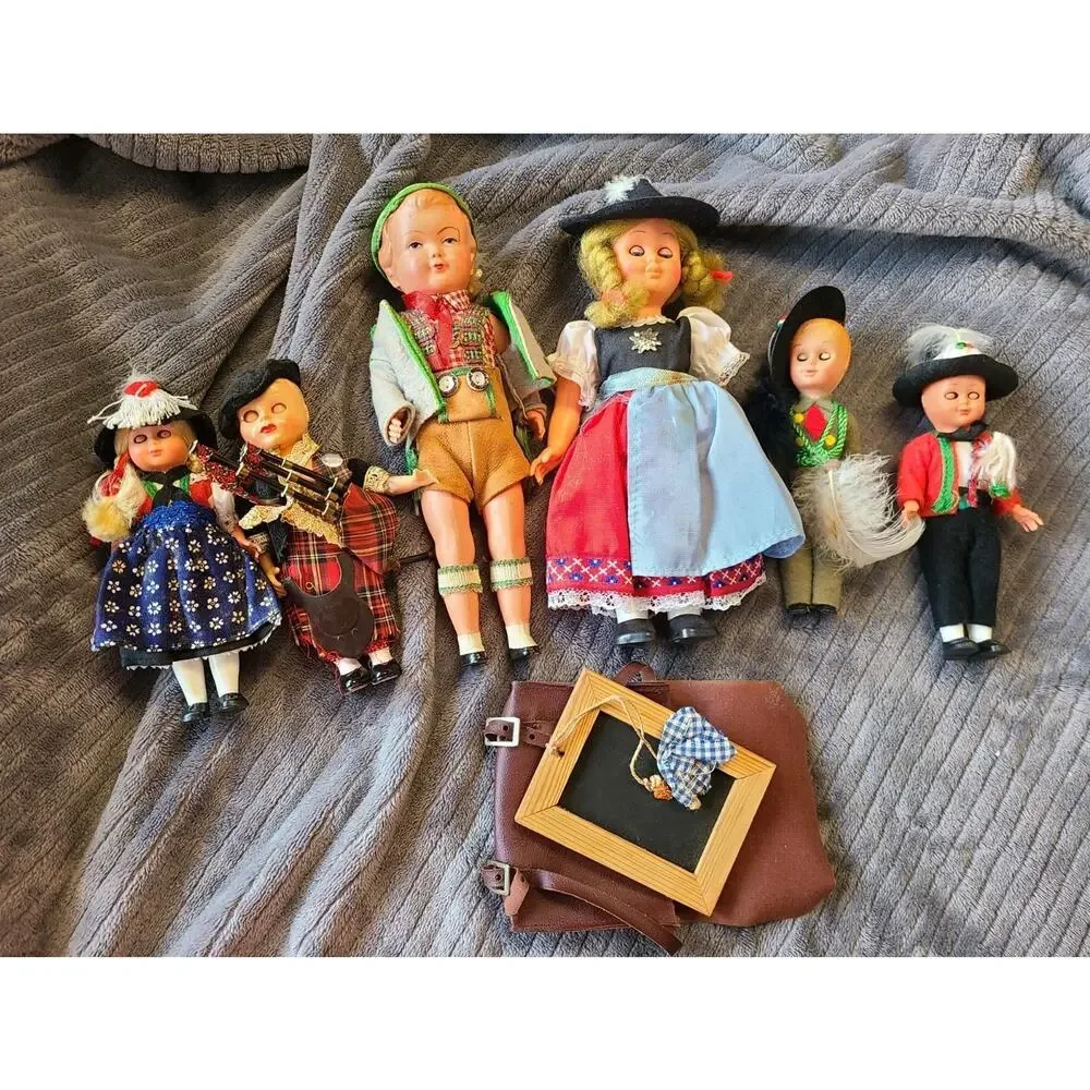 Lot of Vintage MCM 1950s German Bavarian UK Celluloid Folk Dolls w/Sleepy Eyes